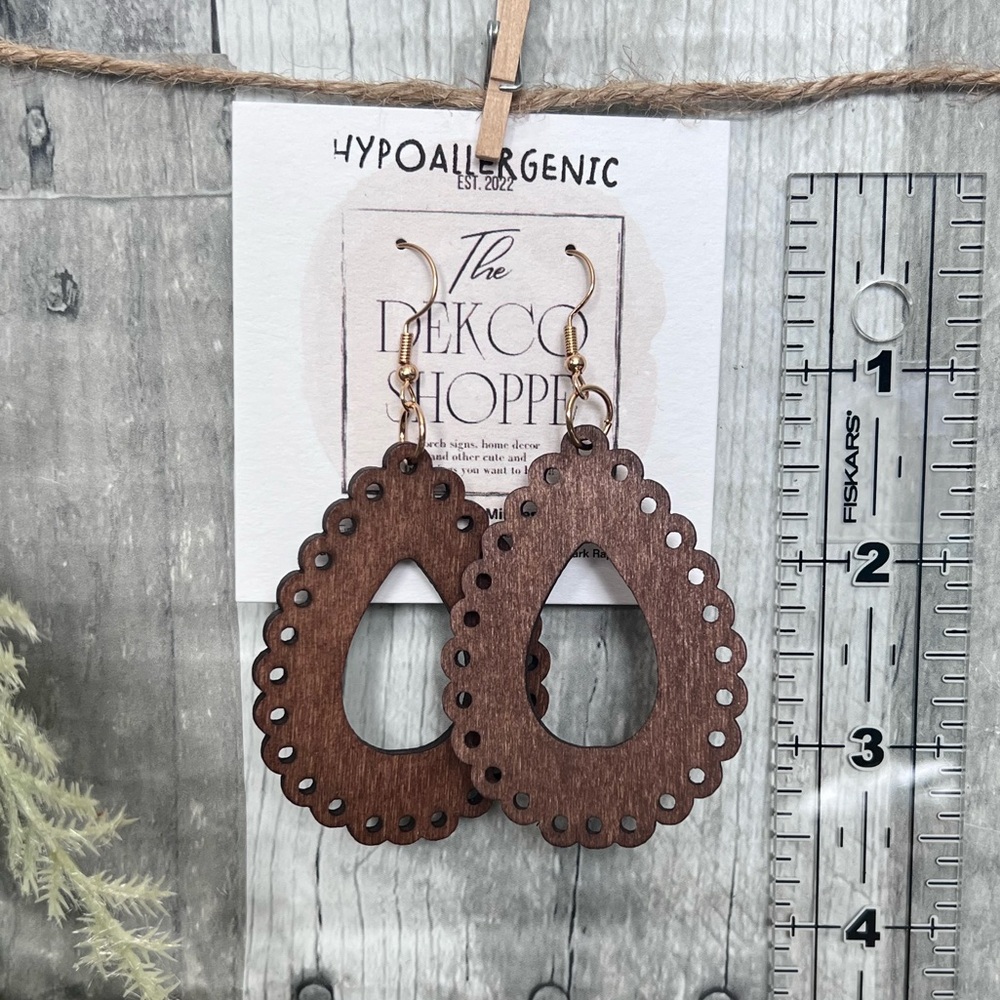 Fashion fishhook earrings. Wood cutout. Lightweight. Hypoallergenic hook.